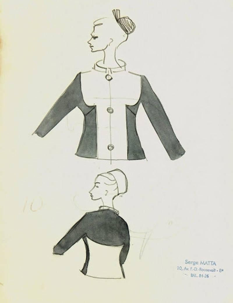 Serge Matta Figurative Art - Vintage French Fashion Sketch - Two Tone Dress Jacket