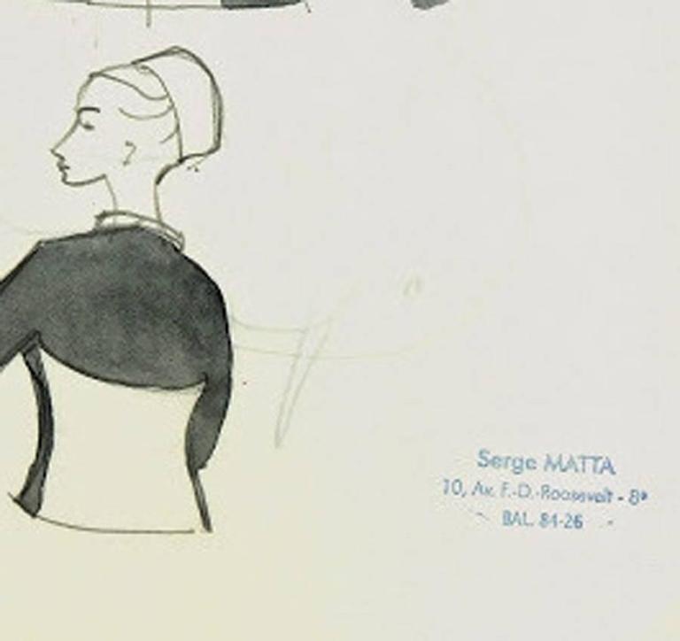 Vintage French Fashion Sketch - Two Tone Dress Jacket - Art by Serge Matta