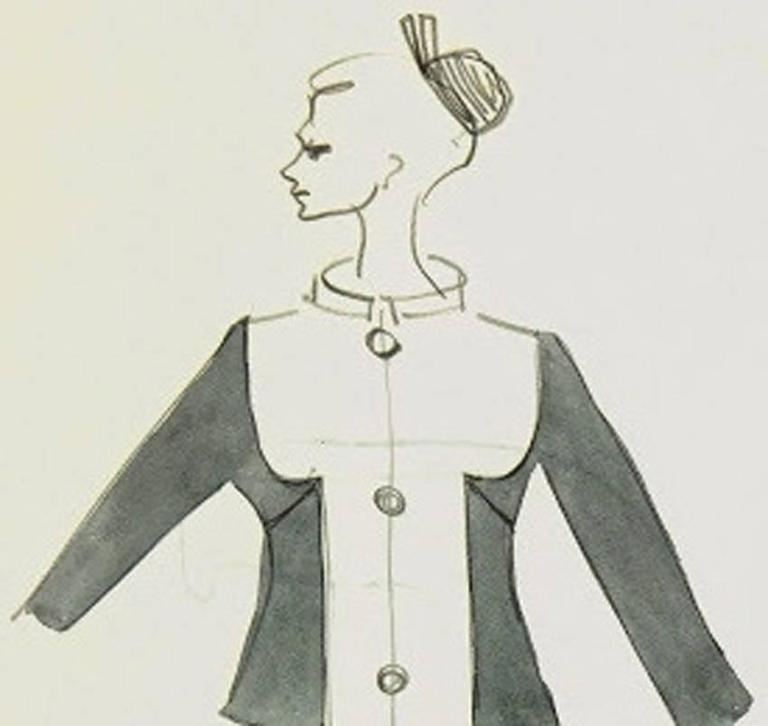 Vintage French Fashion Sketch - Two Tone Dress Jacket - Beige Figurative Art by Serge Matta