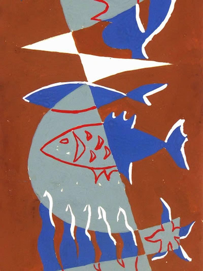 Mid-Century Abstract Painting -  Fish and the Geometry of Sea Life 1
