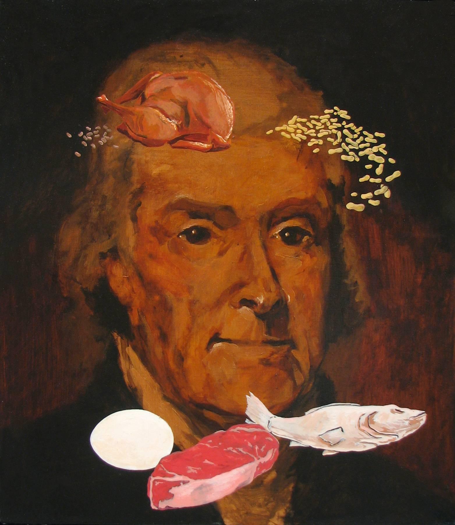 Figurative Painting Adam Mysock - Assiettes creuses, faïence, poissons, poivrons séchés, œufs et noix de Jefferson