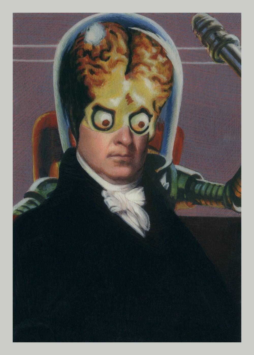 Adam Mysock Figurative Painting - Early American Aliens (James Madison)