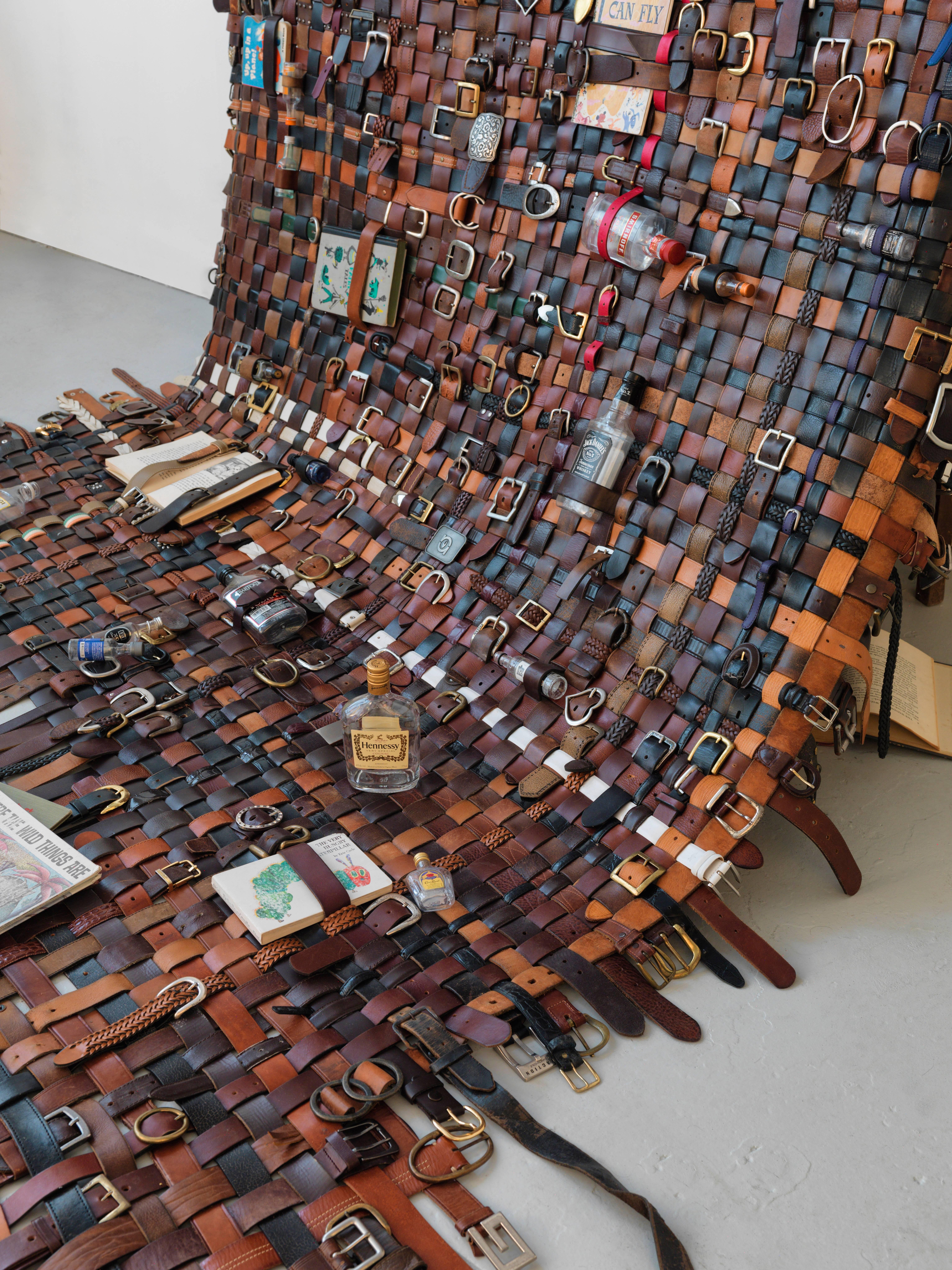 medium: found leather belts, books, liquor bottles, and child's wooden chair

Paul Villinski has created studio and large-scale artworks for more than three decades. Villinski was born in York, Maine, USA, in 1960, son of an Air Force navigator. He