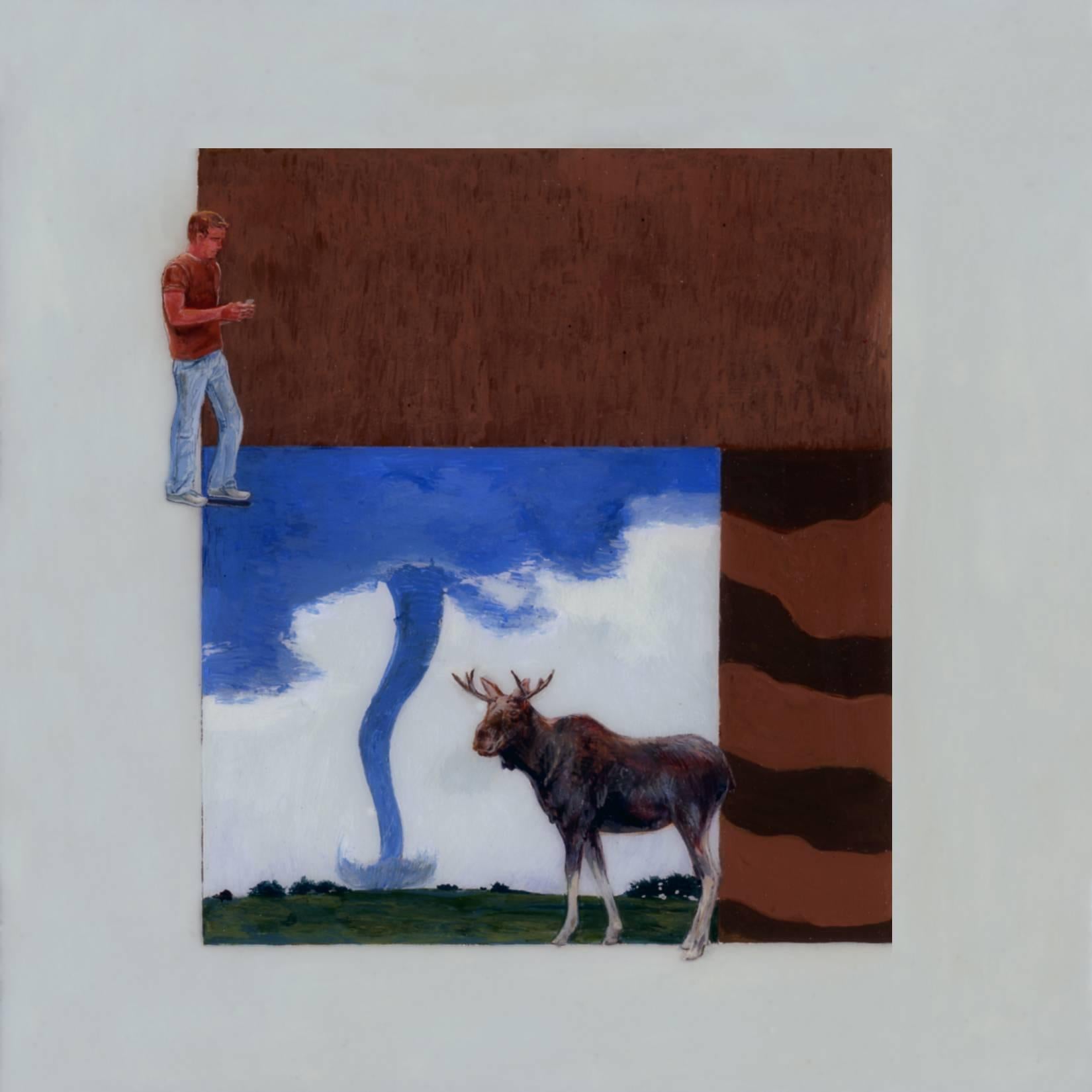 Adam Mysock Figurative Painting – Davie Crockett, Pecos Bill, die Bull Moose Party, und ein Mann, der in den Rahmen blickt