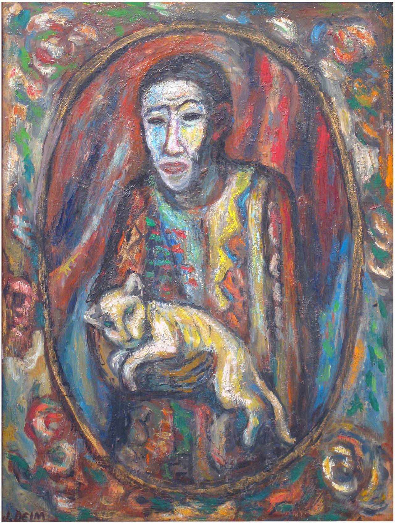 Self-Portrait with Cat - Painting by Judith Deim