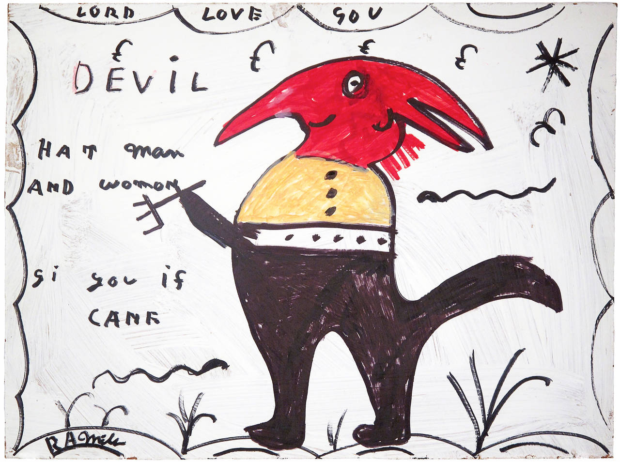 R.A. Miller Figurative Painting - Red Headed Devil in a Suit with Pitchfork