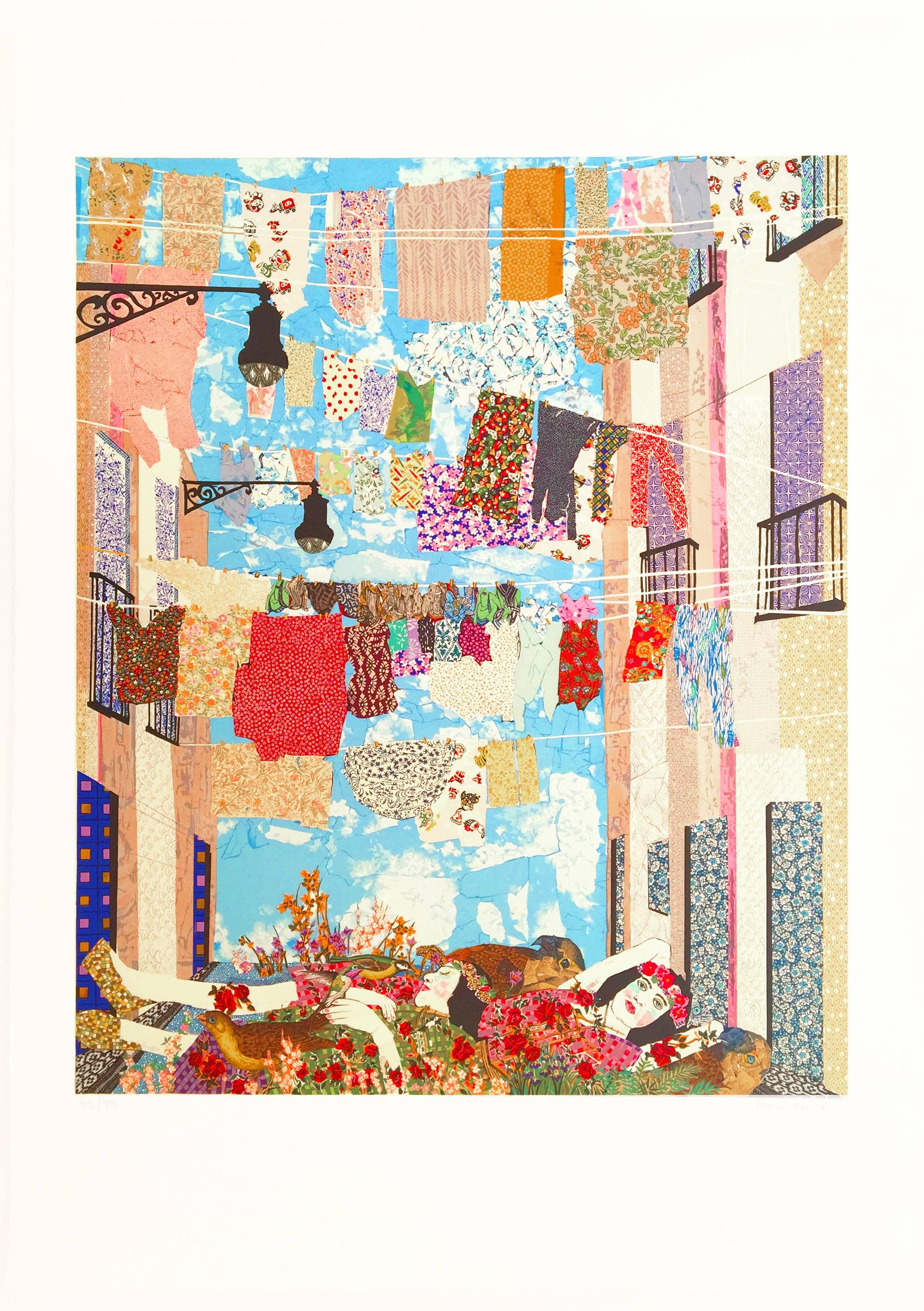 Maria Berrio Figurative Print - Knitting the Wind