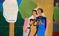 Pintura al óleo figurativa "Eavesdropping" 59" x 95" pulgadas por Ashraf Zamzami
