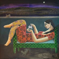 "Forget Me Not" - Dipinto figurativo a olio, 39" x 39" pollici, di Omar Abdel Zaher