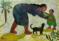 Dipinto figurativo a olio "Madre e figlio", 28" x 39" pollici, di Omar Abdel Zaher