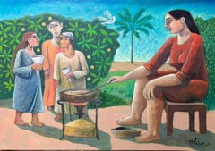 "Village Company" Figurative Oil Painting 28" x 39" inch by Omar Abdel Zaher