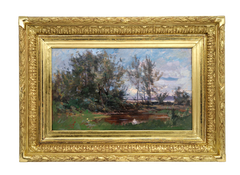 Émile Noirot, Frühherbstlandschaft mit Teich, Öl auf Leinwand, 1889