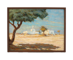 Gaston Le Beuze, Mosque on Djerba Island, Tunisia, Oil on Canvas, circa 1960