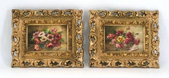 French Pair of 1930s Floral Watercolors Signed M. Renaud in Giltwood Frames