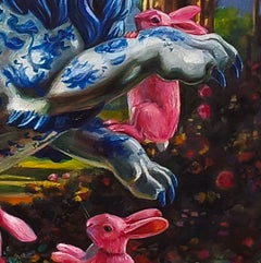 Musa con conejos - Siglo XXI, pintura al óleo, realismo, mundo animal