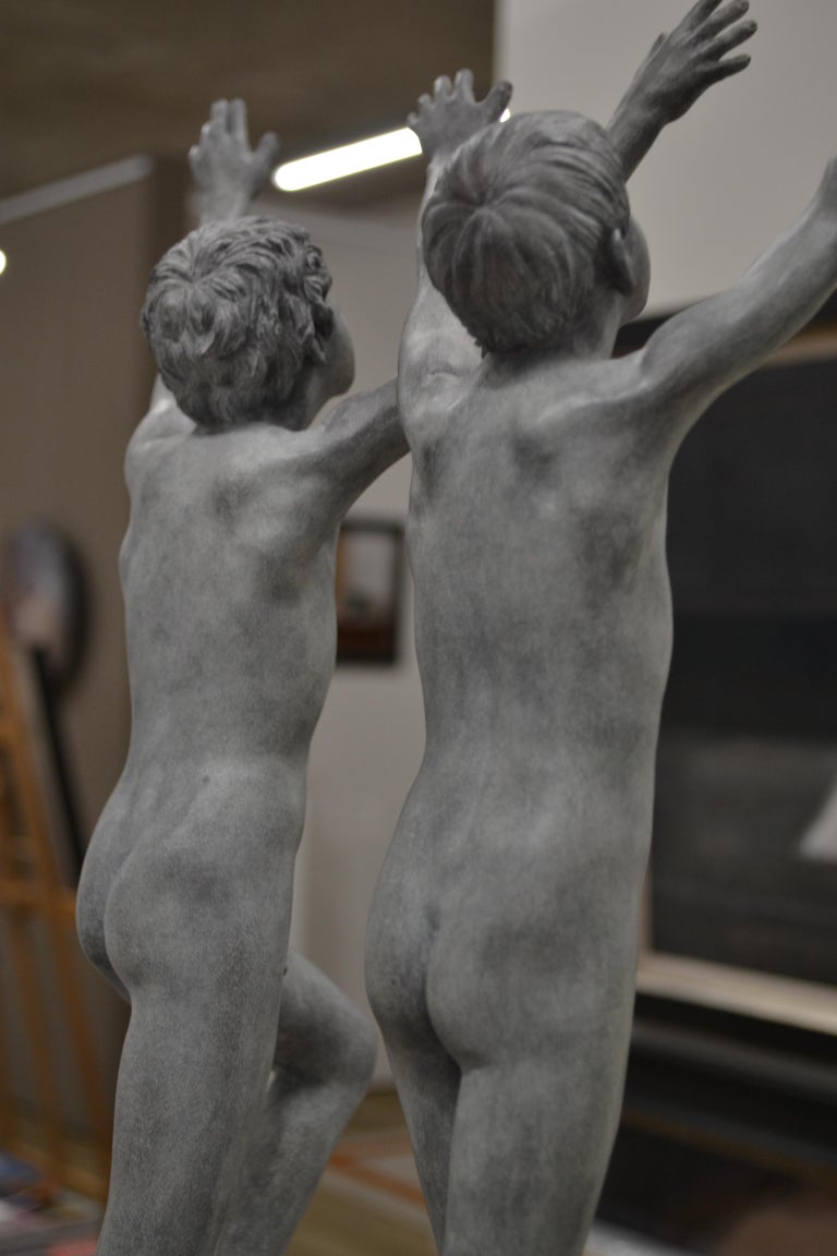 Cursus- 21st Century Contemporary Bronze Sculpture of Two Nude Running Boys For Sale 5