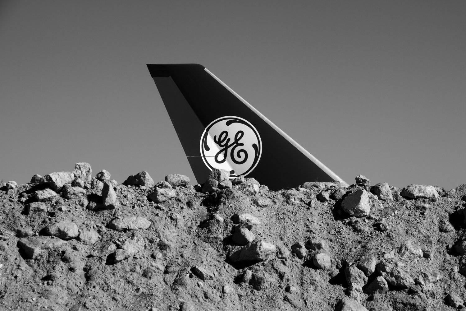 Brian Pearson Black and White Photograph - GE 747 Propulsion Test Jet + Rock Mound, Mojave Desert, CA, 2016