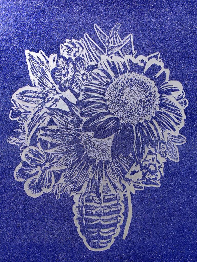 Flower Vase (Silver on blue) - Painting by Rubem Robierb