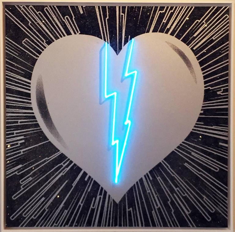 <i>Broken Heart – Silver on Black – Blue Neon</i>, 2017, by Rubem Robierb