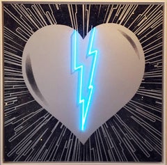 Broken Heart - Silver on Black - Blue Neon