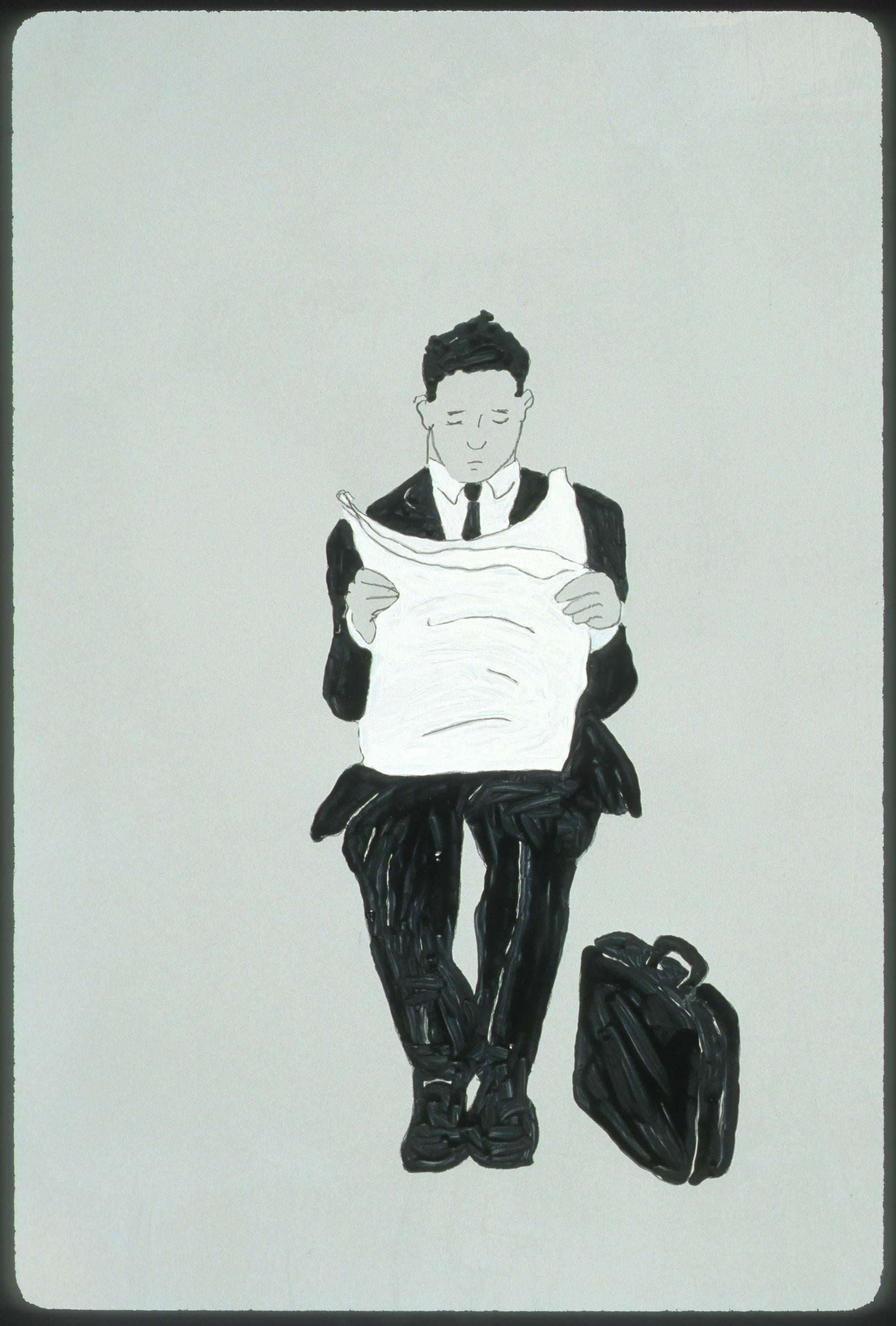 Tom Strider Figurative Painting - Untitled (commuting with brief case) from the series A Job to Do