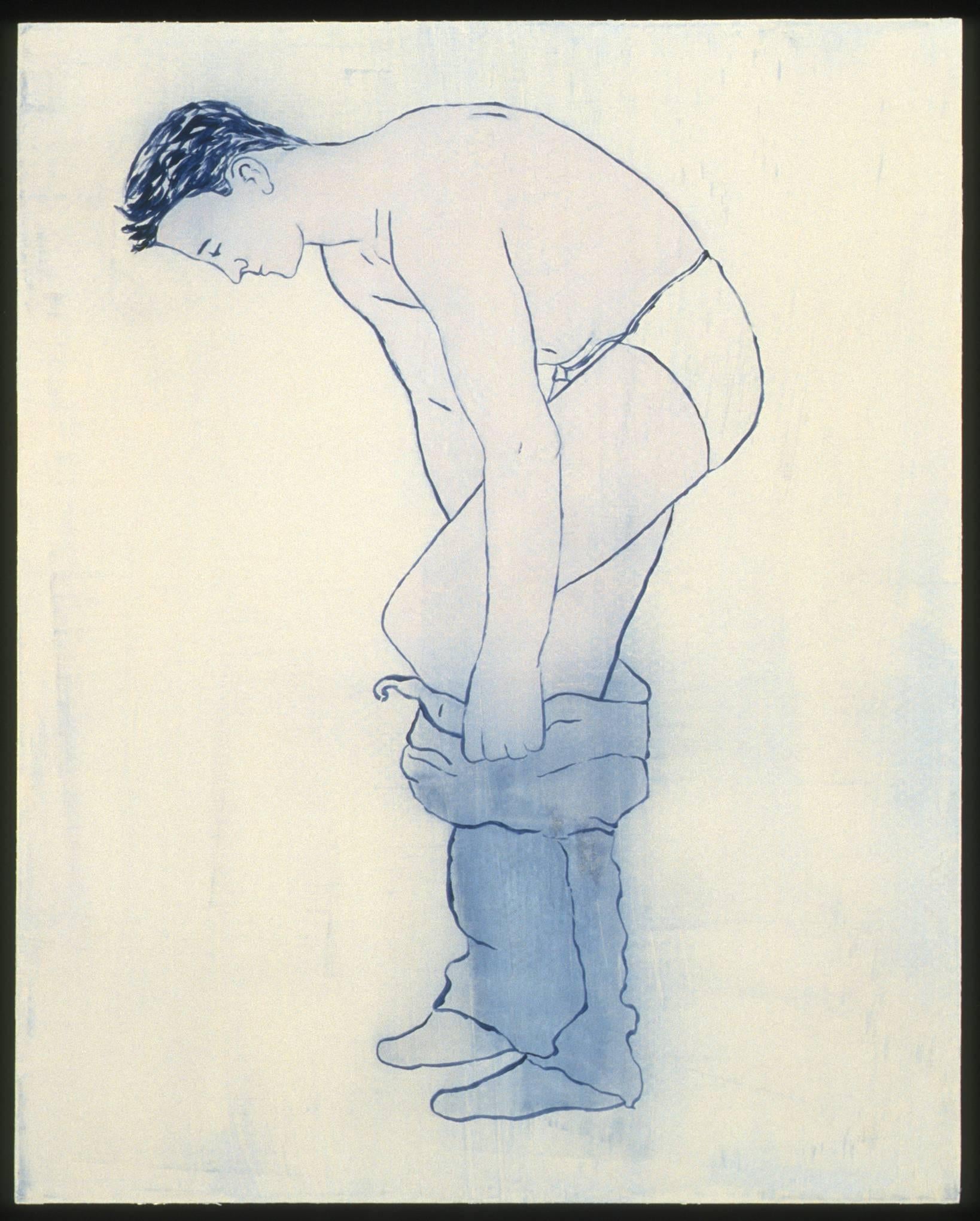 Tom Strider Figurative Painting - Untitled (pulling up trousers) from the series A Job to Do