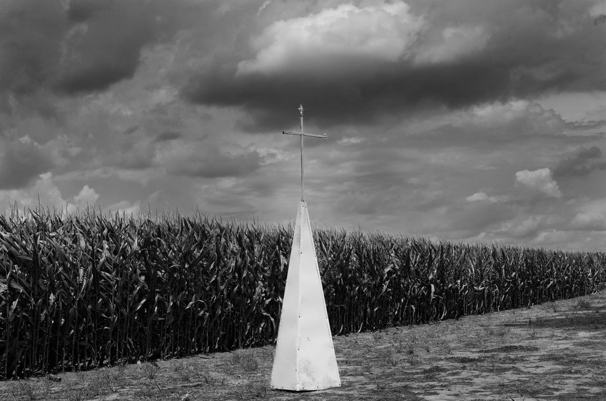 Debbie Fleming Caffery Black and White Photograph - Church Steeple and Cornfield