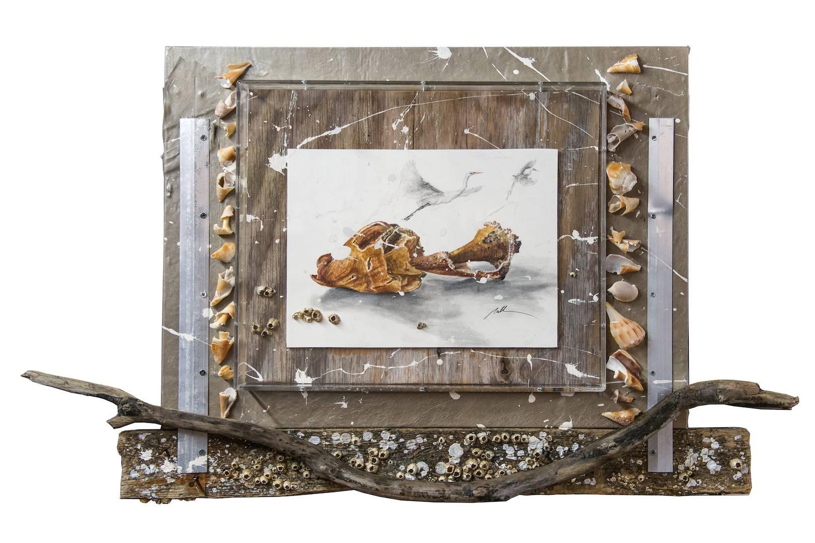 Egrets and Conche Shell - Mixed Media Art by Nall