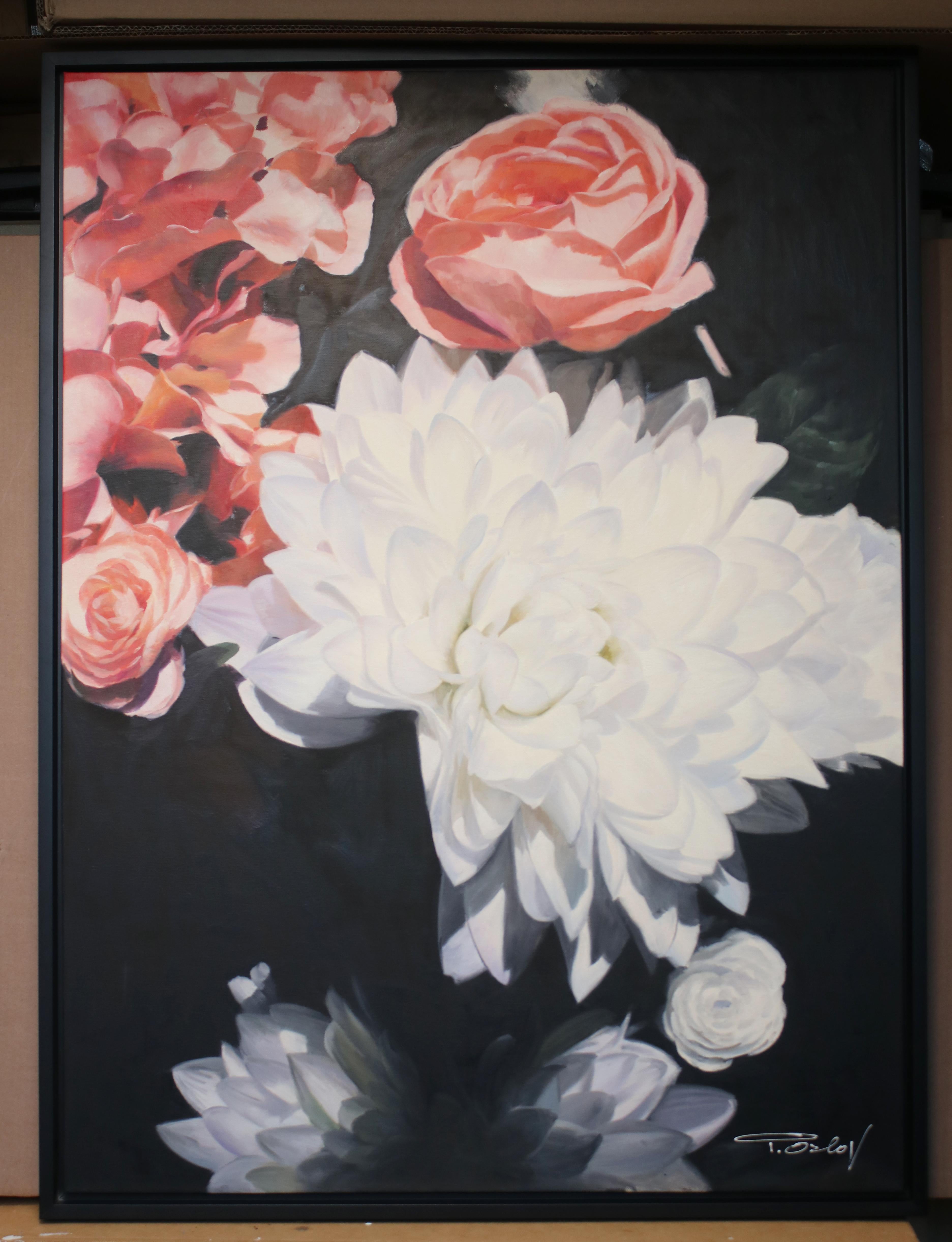 Abstract White Floral Acrylic Painting, Framed 48 H X 36
