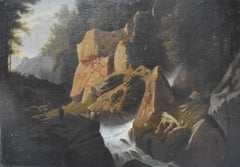 French romantic school, A Painter in front of a waterfall, oil on canvas