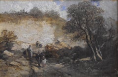 L'école de Barbizon, paysage de Fontainebleau avec marcheurs, huile sur toile