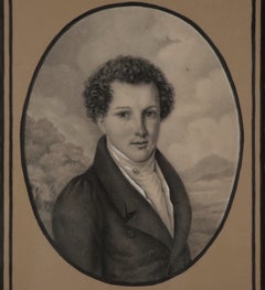 Scuola francese, 1830 circa. Ritratto di un giovane dai capelli ricci in un paesaggio