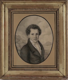 Scuola francese, 1830 circa. Ritratto di un giovane dai capelli ricci in un paesaggio