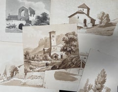 France milieu 19ème siècle, Ensemble de 6 dessins, paysages et fermes, Lavis d'encre 