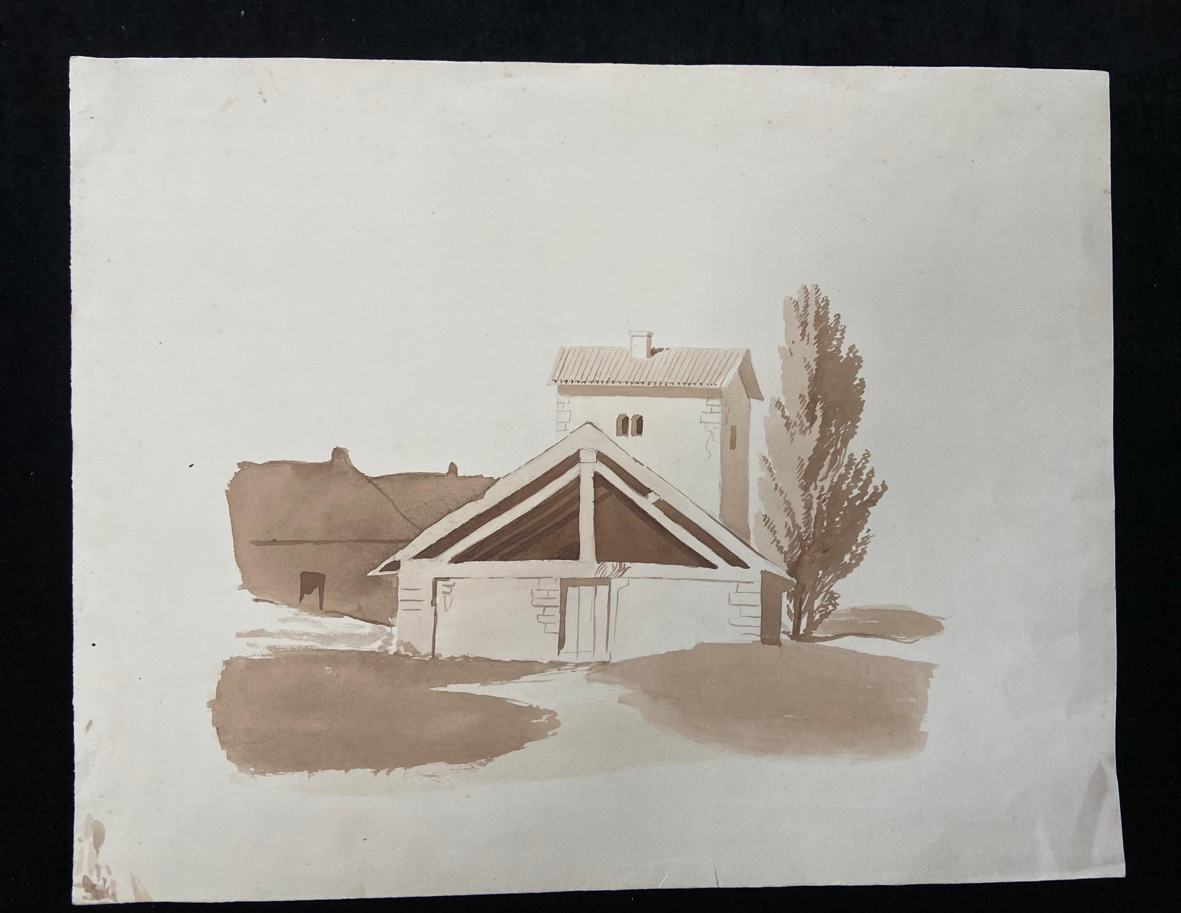 Francia, metà del XIX secolo, Set di 6 disegni, paesaggi e fattorie, Lavaggio a inchiostro - Figurative Art Grigio di Unknown