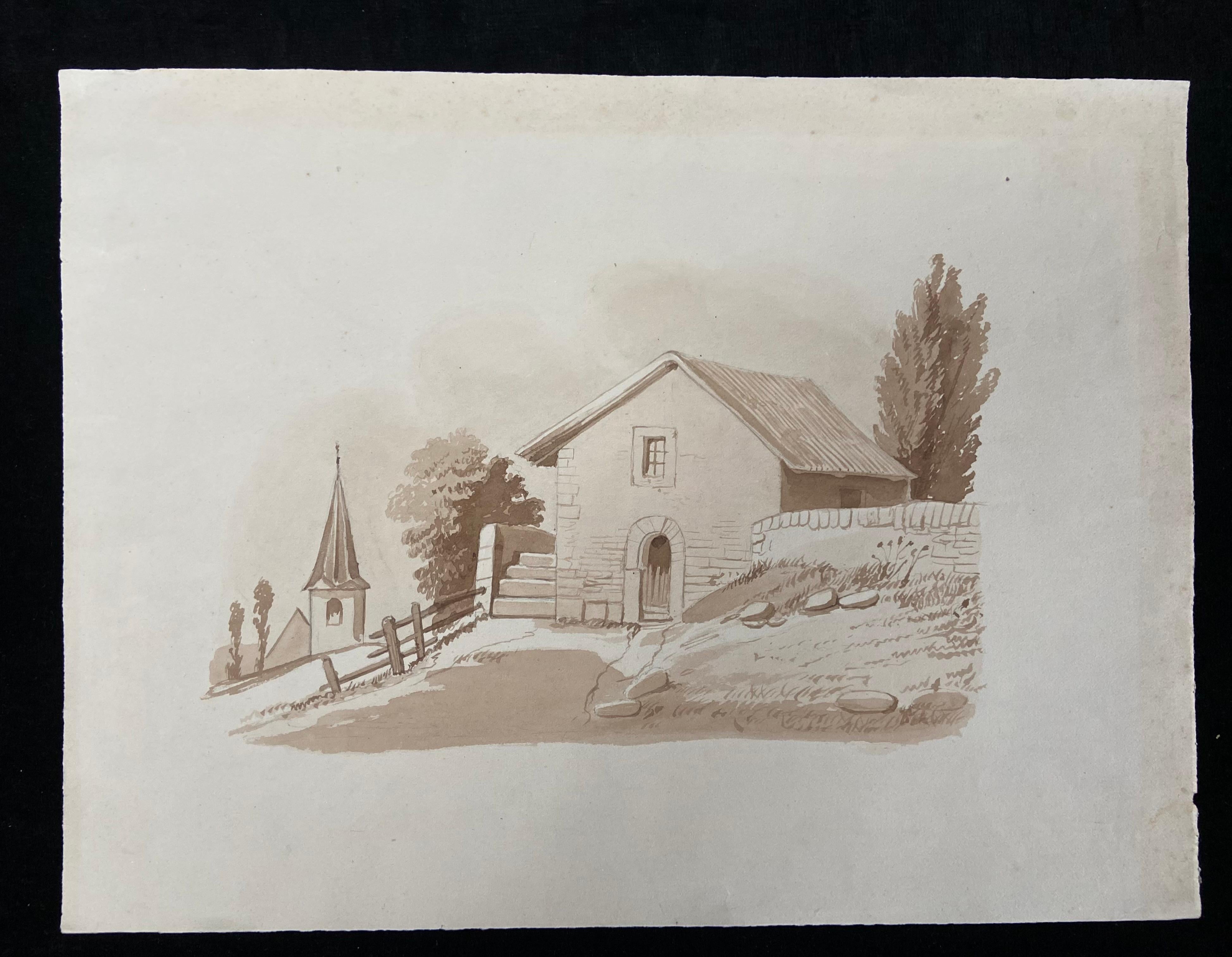 France middle 19th century, A Set of 6 drawings, landscapes and farms, Ink wash  - Gray Figurative Art by Unknown