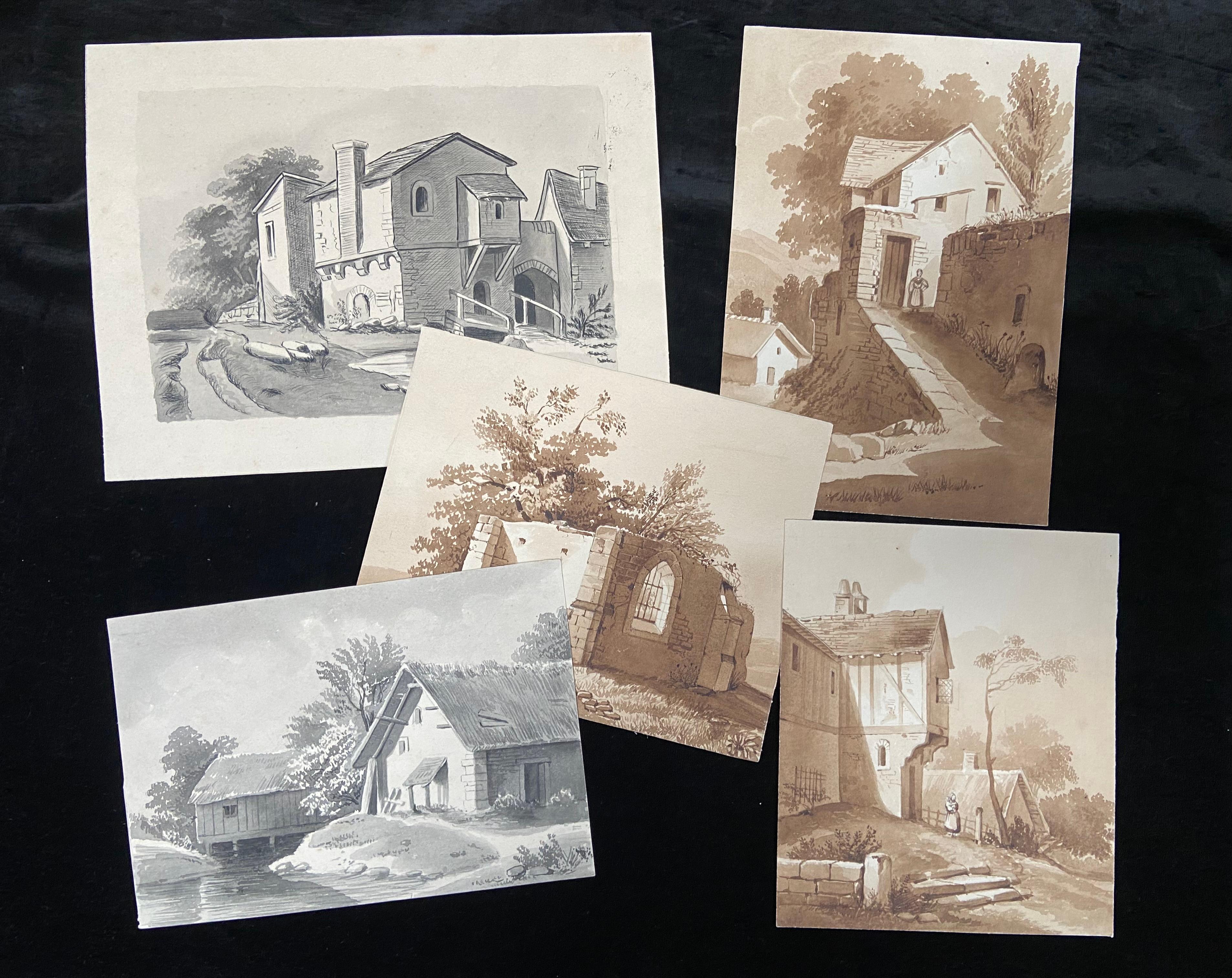 Frankreich, 19. Jahrhundert, 5er-Set Zeichnungen, Landschaften und Bauernhöfe, Tintenwaschung 