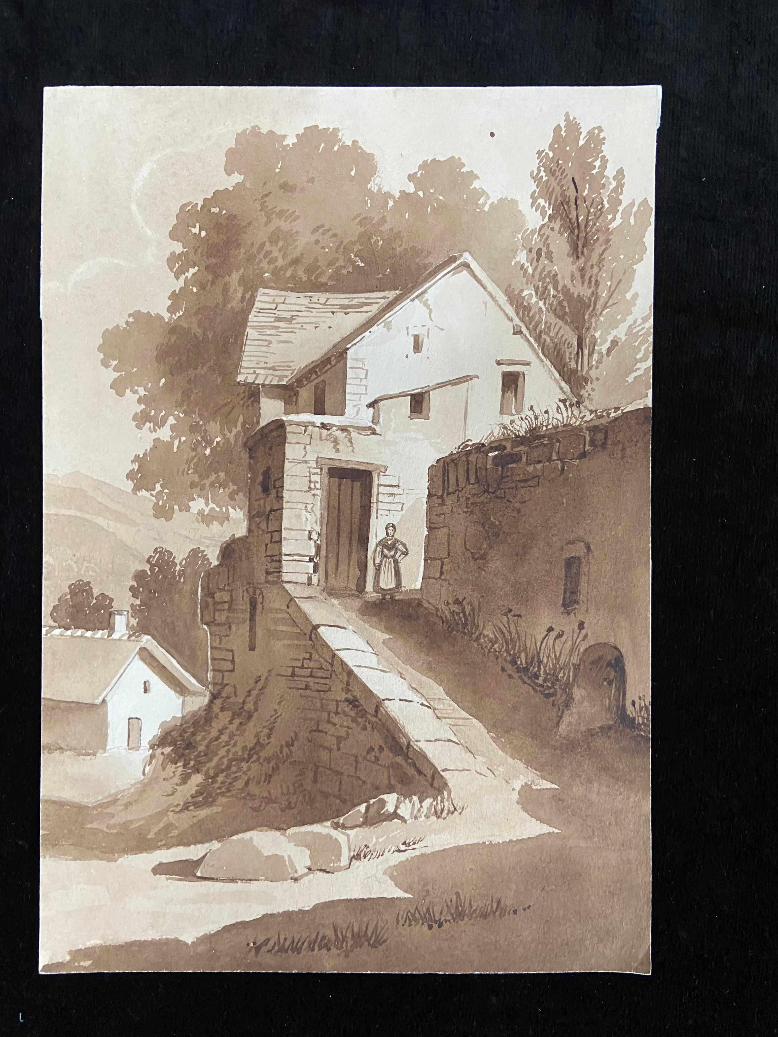 France 19th century, A Set of 5 drawings, landscapes and farms, Ink wash  - Art by Unknown