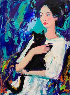 « La jeune fille au chat noir », peinture figurative de Liliya Nikolova