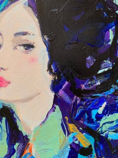 « Le poids du bleu » : peinture contemporaine de portrait par Nikolova, acrylique sur toile