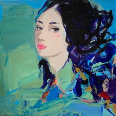 « Le poids du bleu » : peinture contemporaine de portrait par Nikolova, acrylique sur toile