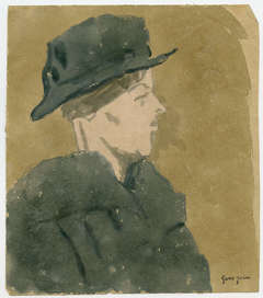 Woman in Black Hat and Coat, in Right Profile