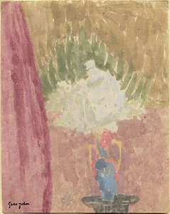 White Flowers and Green Foliage in Blue Vase, Pink Curtain at Left