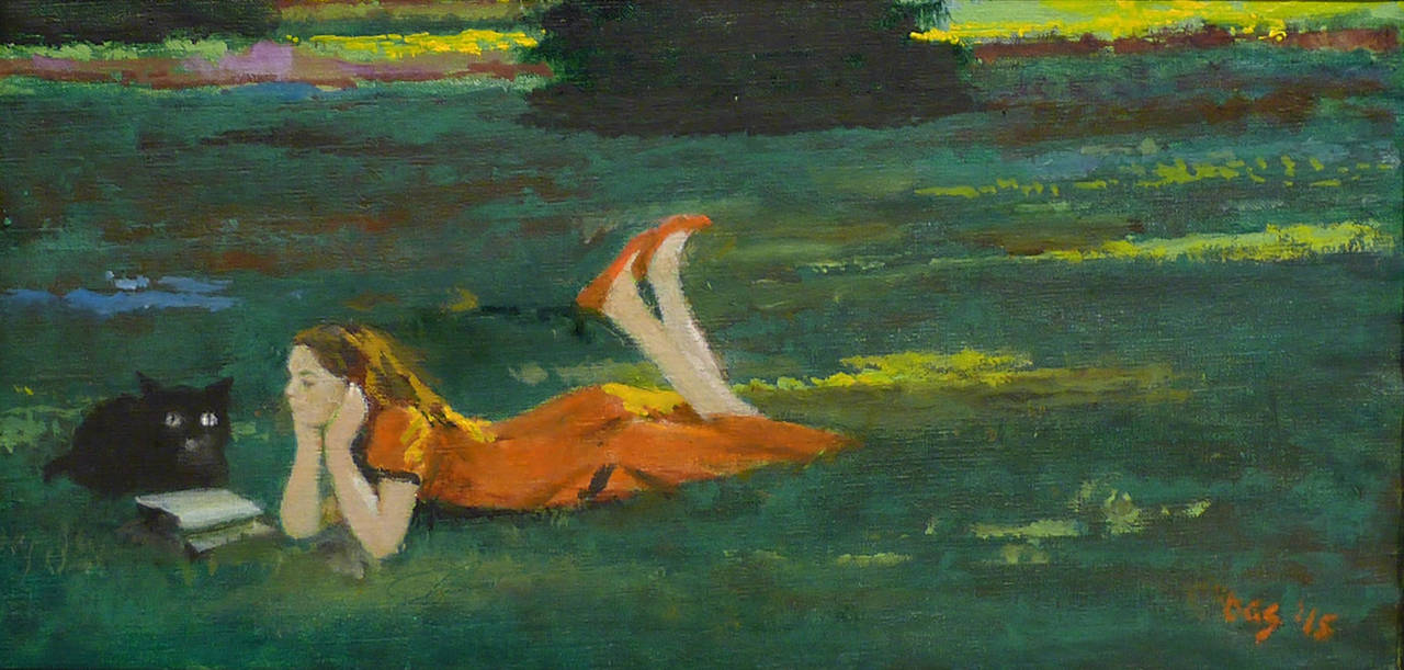 Girl Lying on Grass Reading, with Black Cat - Painting by Aaron Shikler