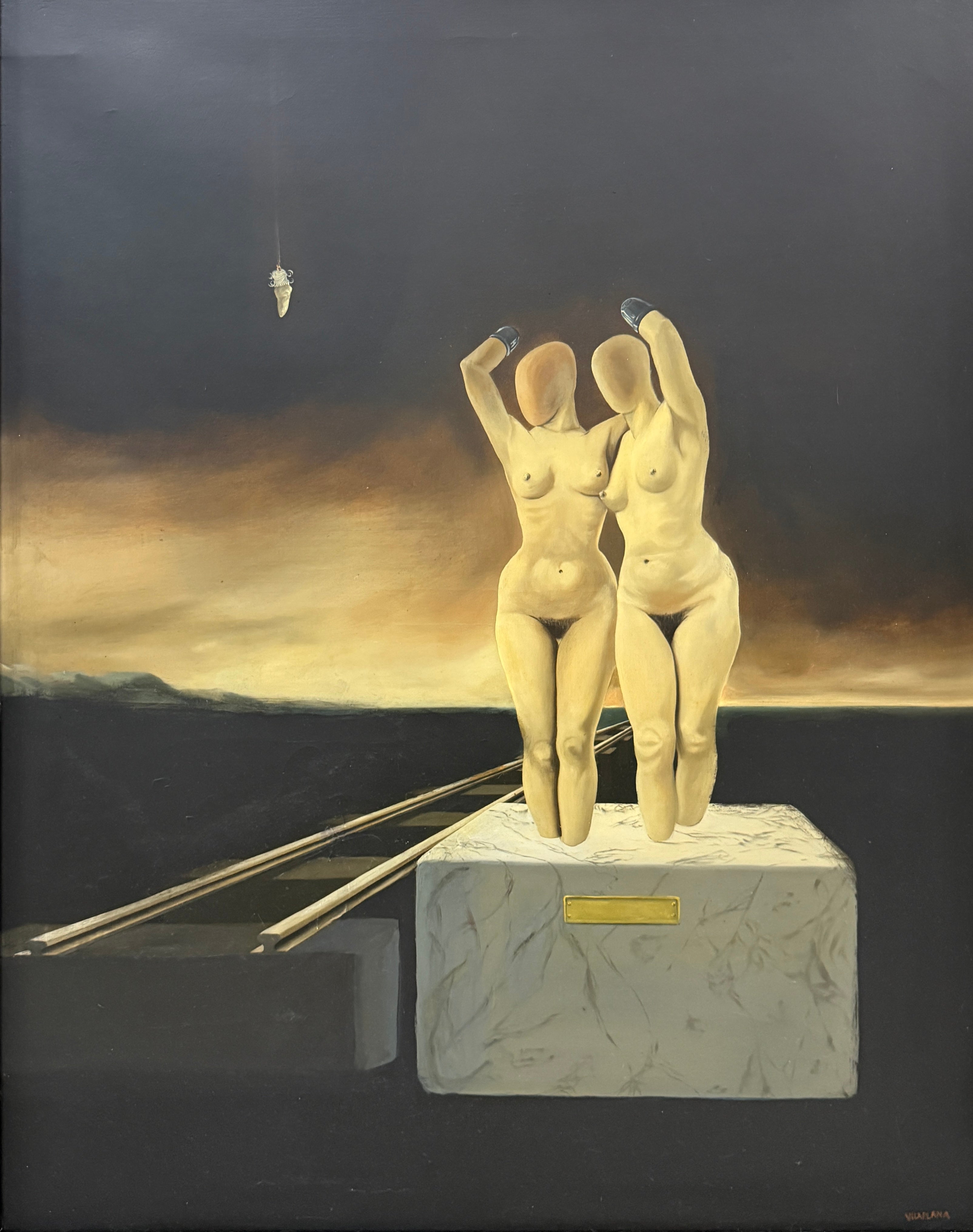 Francesc Vilaplana Figurative Painting - Surrealist Metaphysical Nude Figures with Chrysalis, Spanish Oil Canvas Painting