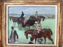 Spanish Modern Equestrian Oil Painting with Jockeys and Carriage Horses