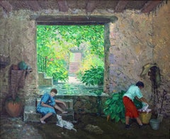 Giardino interno catalano sul Mediterraneo – Dipinto a olio post-impressionista – Spagna