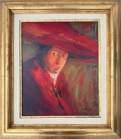 Spanisches expressionistisches Frauenporträt mit rotem Hut, Öl auf Holztafel, europäische Kunst