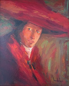 Spanisches expressionistisches Frauenporträt mit rotem Hut, Öl auf Holztafel, europäische Kunst