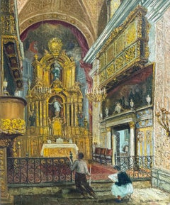 Original Spanish Baroque Church Interior Oil Painting, Barcelona Gothic Quarter